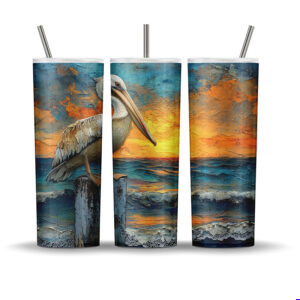 Pelican sunset coastal tumbler wrap with ocean waves and textured painterly seaside background