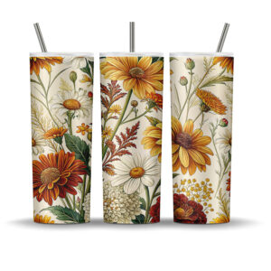 Seamless rustic wildflower tumbler wrap in fall colors, designed for 20 oz skinny sublimation tumblers.