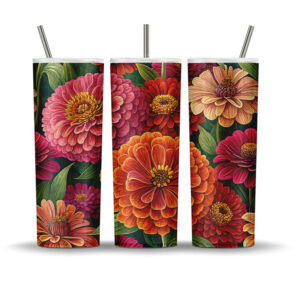 20oz skinny tumbler wrap featuring vibrant zinnia flowers in bold pink, orange, and red tones on a dark green leafy background