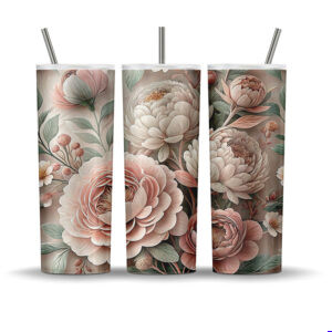 20 oz skinny tumbler featuring a seamless vintage-style peony floral design in blush, cream, and taupe tones