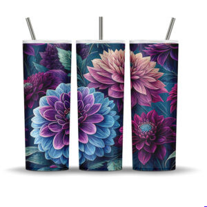 20oz skinny tumbler wrap with dark teal and purple dahlia floral design