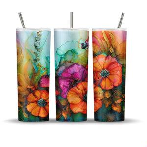 Colorful alcohol ink floral sublimation design on 20 oz skinny tumblers featuring vibrant orange, magenta, and teal mixed media flowers.
