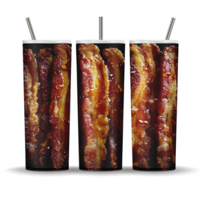 Realistic sublimation tumbler wrap design featuring sizzling strips of crispy bacon, formatted for 20 oz skinny tumblers