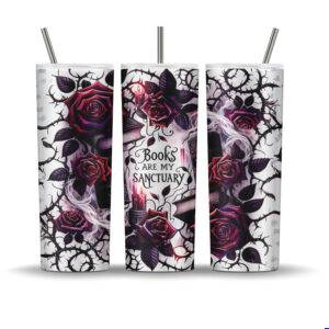 Gothic book-themed tumbler wrap with red roses, candles, and the quote “Books Are My Sanctuary” on a white background with black vines.