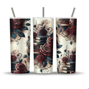 20 oz skinny tumbler wrap featuring a gothic floral design with deep red roses, vintage books, and swirling black vines on a parchment-style background.