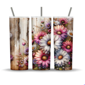 Rustic daisy floral 20 oz skinny tumbler sublimation design with wildflowers and wood texture