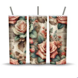 Rustic floral cowhide 20oz tumbler wrap sublimation PNG with roses and wood texture