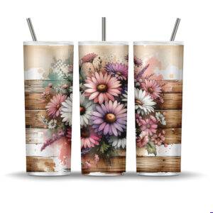 20oz skinny tumbler wrap with rustic woodgrain and daisy floral bouquet design