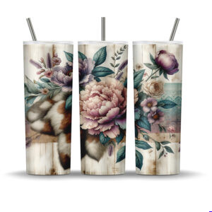 Rustic floral 20 oz tumbler wrap featuring large blush peonies, sage leaves, and textured cowhide over distressed wood background.