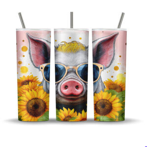 A 20 oz tumbler design featuring a cute piglet with sunglasses surrounded by vibrant sunflowers on a pink and white background