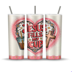 20oz skinny tumbler with “Jesus Fills My Cup” design, featuring a heart, cross, bubble tea, and daisies in pink and white tones