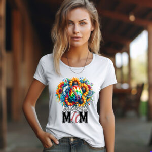 Woman wearing a t-shirt featuring a colorful Baseball Mom sublimation design with rainbow baseball and sunflowers