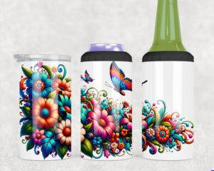 Bright floral and butterfly sublimation wrap for 4-in-1 can coolers, featuring bold colourful garden design