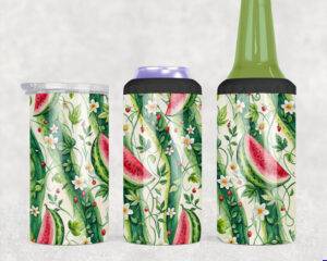 Watercolor watermelon and vine floral sublimation wrap for 4-in-1 can coolers with juicy summer garden design