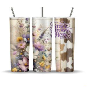 Floral cowhide tumbler wrap with “Grace Grows Here” text for 20 oz skinny tumblers