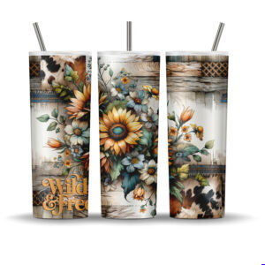 Rustic sunflower and cowhide 20oz tumbler sublimation design with wood background and floral accents