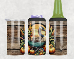 Canada goose in rustic fall harvest scene on a 4-in-1 can cooler wrap with pumpkins, corn, and wood background.