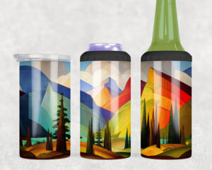 Digital image of a colorful abstract mountain landscape sublimation design on 4-in-1 koozies, including can, slim can, and bottle sizes