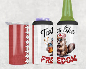 Funny Canadian beaver koozie sublimation wrap with maple drink and "Tastes Like Freedom" text, designed for 4-in-1 can coolers.