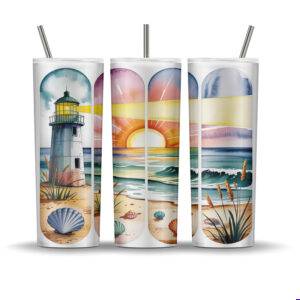 Sublimation tumbler wrap with lighthouse, beach sunset, seashells, waves, and coastal scenery