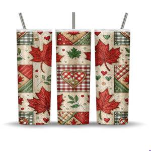 Rustic maple leaf and plaid tumbler wrap for 20 oz skinny sublimation tumblers with Canadiana patchwork design