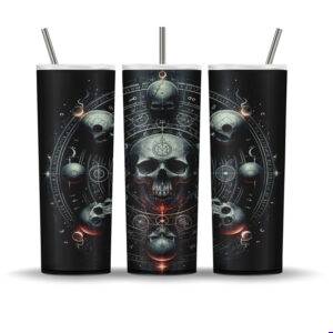 Sublimation tumbler wrap with gothic skulls, occult symbols, celestial details, and alchemy design on a dark background