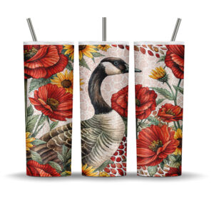 Sublimation tumbler wrap with Canada Goose, red sunflowers, and rustic floral background