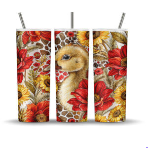 Sublimation tumbler wrap with fluffy baby goose, red sunflowers, rustic floral background, and gold accents
