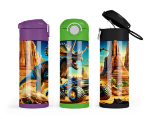 Colorful 12 oz tumbler design featuring a triceratops and monster truck in a desert scene