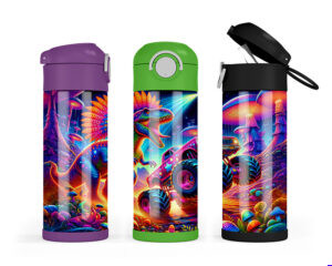Neon dinosaur and monster truck tumbler wrap design for 12 oz kids sublimation tumbler