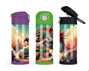 12 oz kids tumbler sublimation wrap with dinosaur and monster truck battle design