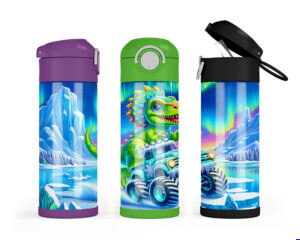 Colorful 12 oz tumbler wrap featuring a green dinosaur driving a monster truck through an icy arctic scene with northern lights