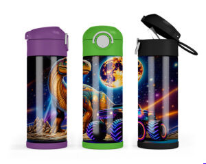 Colorful 12 oz tumbler wrap design with a triceratops driving a neon monster truck in a cosmic space setting