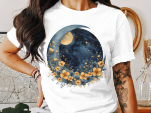 Watercolor celestial moon and stars design with golden florals, perfect for boho t-shirts