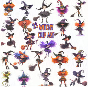 A collection of 24 whimsical witch clip art graphics featuring playful Halloween witches in colorful costumes with broomsticks and striped tights