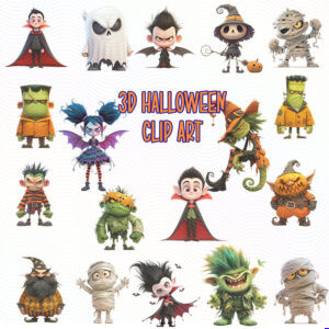3D cartoon Halloween clip art of funny kids, monsters, and spooky characters in PNG format for sublimation and crafts