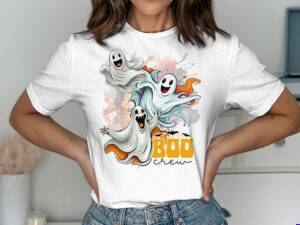 Funny “Boo Crew” Halloween shirt design with three happy ghosts and colorful splashes