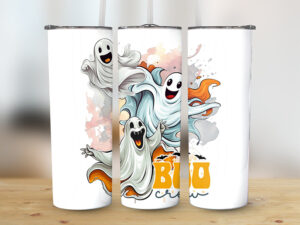 Funny Boo Crew ghost-themed 20oz skinny tumbler sublimation wrap with cute Halloween ghosts and bold orange "BOO" text.