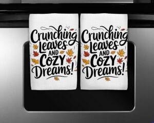 "Crunching Leaves and Cozy Dreams" fall kitchen towel sublimation design with colorful autumn leaves