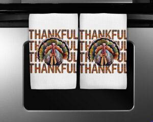 Funny thankful turkey PNG for sublimation on kitchen towels with autumn theme