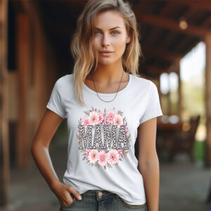 Sublimation design with leopard print "MAMA" text surrounded by pink daisies on a t-shirt