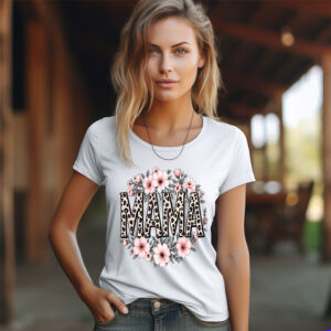 Sublimation design with leopard print "MAMA" text surrounded by pink daisies on a t-shirt