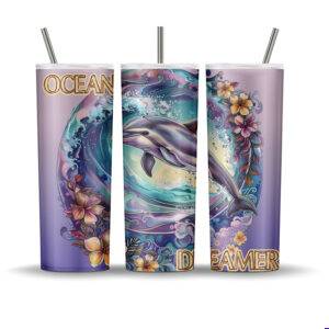 Ocean Dreamer Dolphin Tumbler Wrap featuring a dolphin with floral tropical wave design for sublimation