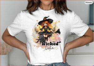 A sublimation shirt design featuring a red-haired witch flying on a broom with the phrase "Wicked Cute" in playful Halloween-style lettering