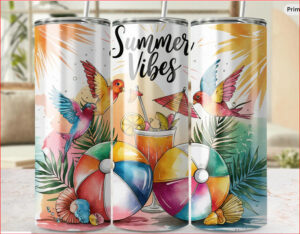 Summer vibes tumbler wrap featuring parrots, beach balls, and cocktails on a tropical background