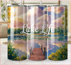 Lake Life watercolor dock scene on 20 oz tumbler wrap