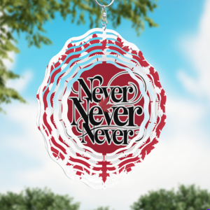 Round wind spinner design with "Never Never Never" text over red and white Canadian maple leaf pattern