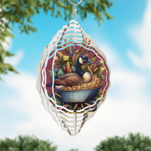 Rustic Canada goose nesting in wheelbarrow surrounded by fall foliage, sublimation design for wind spinner
