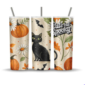 Cute But Spooky tumbler wrap with black cat, pumpkins, bats, daisies, and fall leaves, sublimation PNG for 20 oz skinny tumblers.