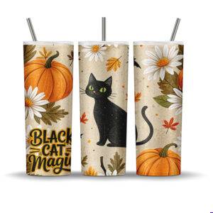Black Cat Magic tumbler wrap with pumpkins, daisies, autumn leaves, and a cute black cat, sublimation PNG for 20 oz skinny tumblers.